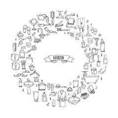 Hand drawn doodle Bathroom related icons set Vector illustration home bath symbols collection Cartoon elements on white background Sketch Toilet Sink Shower Bathtub Lavatory Towel Robe Slippers Fan
