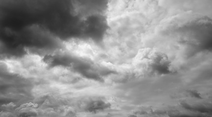 Gloomy overcast sky. Clouds flying over horizon, cloudscape.