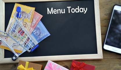 Blackboard on wooden tables and the word "MANU TODAY" Concept.