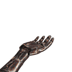 The old robot arm is scratched. 3d rendering. On a white background