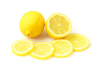 Closeup fresh lemon fruit and slice on white background