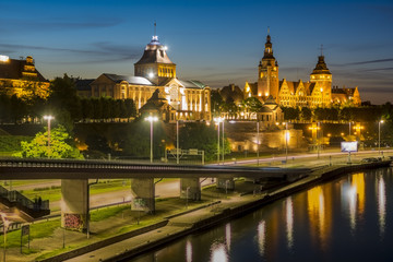 Fototapeta na wymiar Haken Terraces at night-panorama, Szczecin, Poland