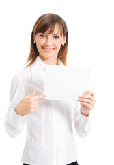 Fototapeta premium Businesswoman showing blank signboard, on white