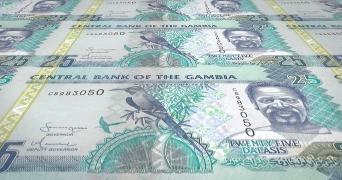 Banknotes of twenty five gambian dalasis of Gambia rolling, cash money, loop