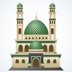 Islamic mosque building with green dome and two tower isolated on white background © dreamblack46
