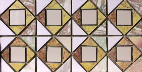 mrable decorative tiles of different textures covering walls and floor in kitchen, bathroom or toilet