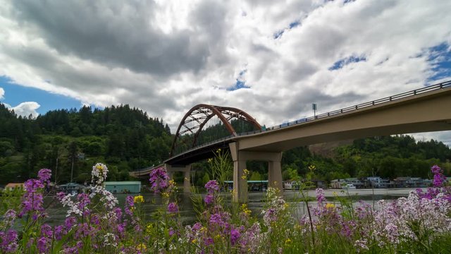 Time lapse of clouds over Sauvie Island bridge with boat houses and wild flowers spring 4k