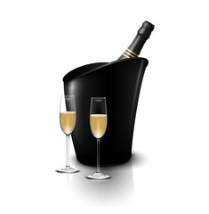 Two wineglass with wine bottles of champagne in a bucket 