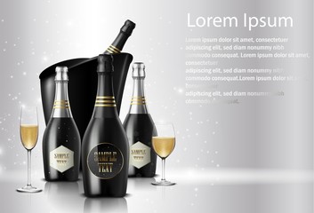Wineglass with a bottle of champagne in a bucket on sparkling background © artnovielysa