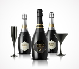 Wineglass and champagne wine bottles