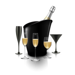 Wineglass and a bottle of champagne in a bucket 