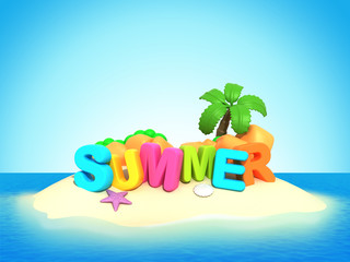 3d render of a cute island with parasol and coconut tree and summer word