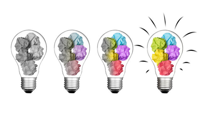 Stand out of crowd lightbulb and colorful paper crumpled  isolated on white background  idea business innovate achievement concept object design