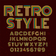Old style alphabet. Retro type font disco, vintage typography poster with sunbeams textured background vector, EPS10. Brown and Colorful palette