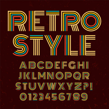 Old style alphabet. Retro type font disco, vintage typography poster with sunbeams textured background vector, EPS10. Brown and Colorful palette