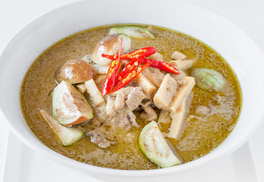 Green chicken curry with eggplant and pickled bamboo shoot. Green curry is a Central Thai variety of curry