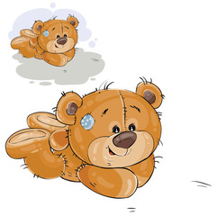 Vector illustration of a brown teddy bear lies on the floor on his stomach. Print, template, design element