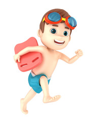 3d render of a kid wearing swimwear and goggles running holding a floater