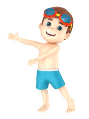 3d render of a kid wearing swimwear and goggles presenting something