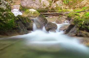 Mountain river in spring. A stream of water in forest