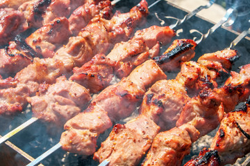 Shish kebab is baked over a fire with smoke. Camping and delicious food