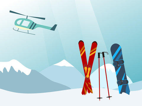 Snowboard and Ski in the Ski Mountain Resort, helicopter. Vector illustration