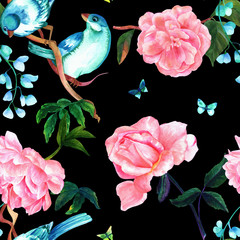 Seamless pattern with watercolor bird and roses on black