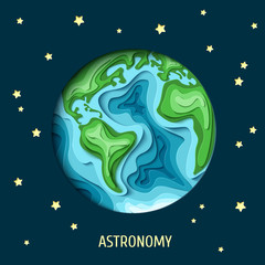 Fototapeta premium Astronomy background. 3d paper cut Earth from dark space vector illustration. Paper carving Earth map shapes with shadow on dark background with stars