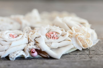 Textile floral necklace from lace trims, beads and felt base. Summer beautiful textile jewelry for women and girls. Nice pastel necklace from recycled materials. Closeup