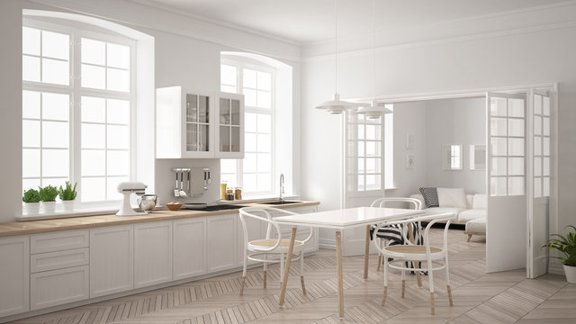 Minimalist scandinavian white kitchen with living room in the background, classic white interior design