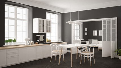 Minimalist scandinavian white kitchen with living room in the background, classic white and gray interior design