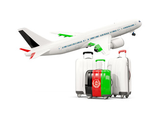 Luggage with flag of afghanistan. Three bags with airplane