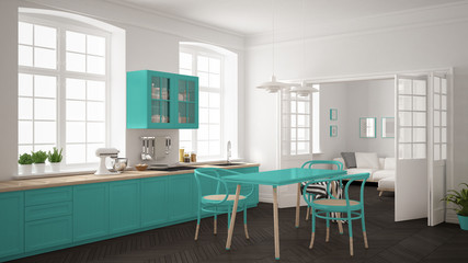 Minimalist scandinavian white kitchen with living room in the background, classic white and turquoise interior design