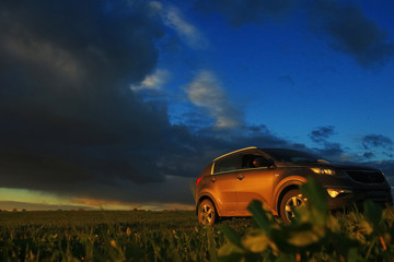 Fototapeta na wymiar Car in the field at sunset