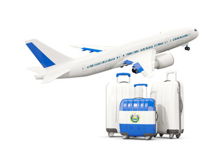 Luggage with flag of el salvador. Three bags with airplane