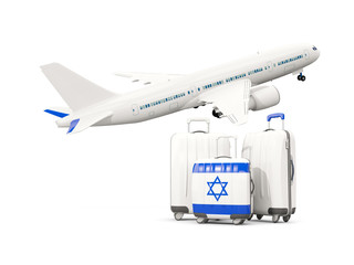 Luggage with flag of israel. Three bags with airplane