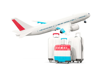 Luggage with flag of luxembourg. Three bags with airplane