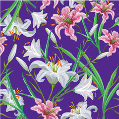 Seamless pattern with flowers. Iris. Lily. Vector. Hand drawn. Violet background