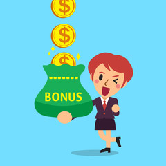 Cartoon businesswoman receiving bonus money