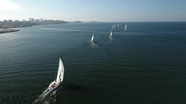 Sailing boats sails ship yacht regatta championship people. Vladivostok Russia Eastern Bosphorus Primorsky krai. Blue sea ocean modern embankment. Summer day. Aerial flight High altitude above ship 4k