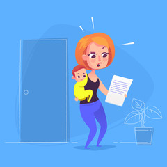 Woman with child looking at document. Vector Illustration