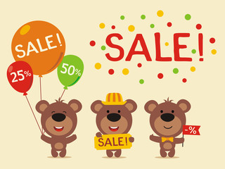 Set for design sales with funny bear. Collection of cartoon bear for sale of goods for children