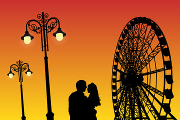 Lovers in amusement park at sunset. Vector illustration with silhouette of loving couple under starry sky. Vintage lampposts and Ferris wheel. Bright gradient background