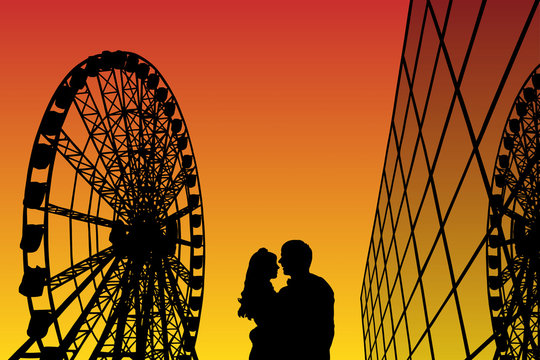 Lovers in amusement park at sunset. Vector illustration with silhouette of loving couple. Ferris wheel and glass building. Bright gradient background