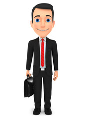 Successful businessman with briefcase on white background. 3d render illustration.