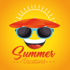 Happy sun with sunglasses, umbrella and summer vacations sign over yellow background. Vector illustration.