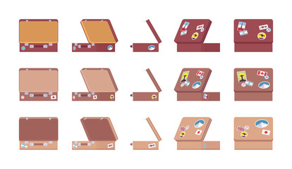 Vintage travel open suitcases with luggage stickers