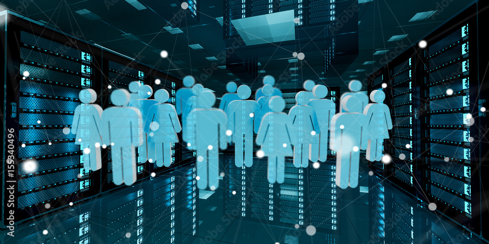 Aufkleber group of people icons flying over server room data center 3d rendering