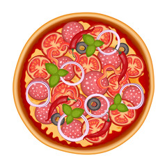 Naklejka premium Delicious italian pizza icon with salami isolated on white