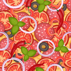 Background seamless pattern Delicious pizza with salami and pepper